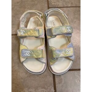Authentic Chanel Pastel Tie Dye Denim Quilted Dad Sandals G35927 CC Logo 37C